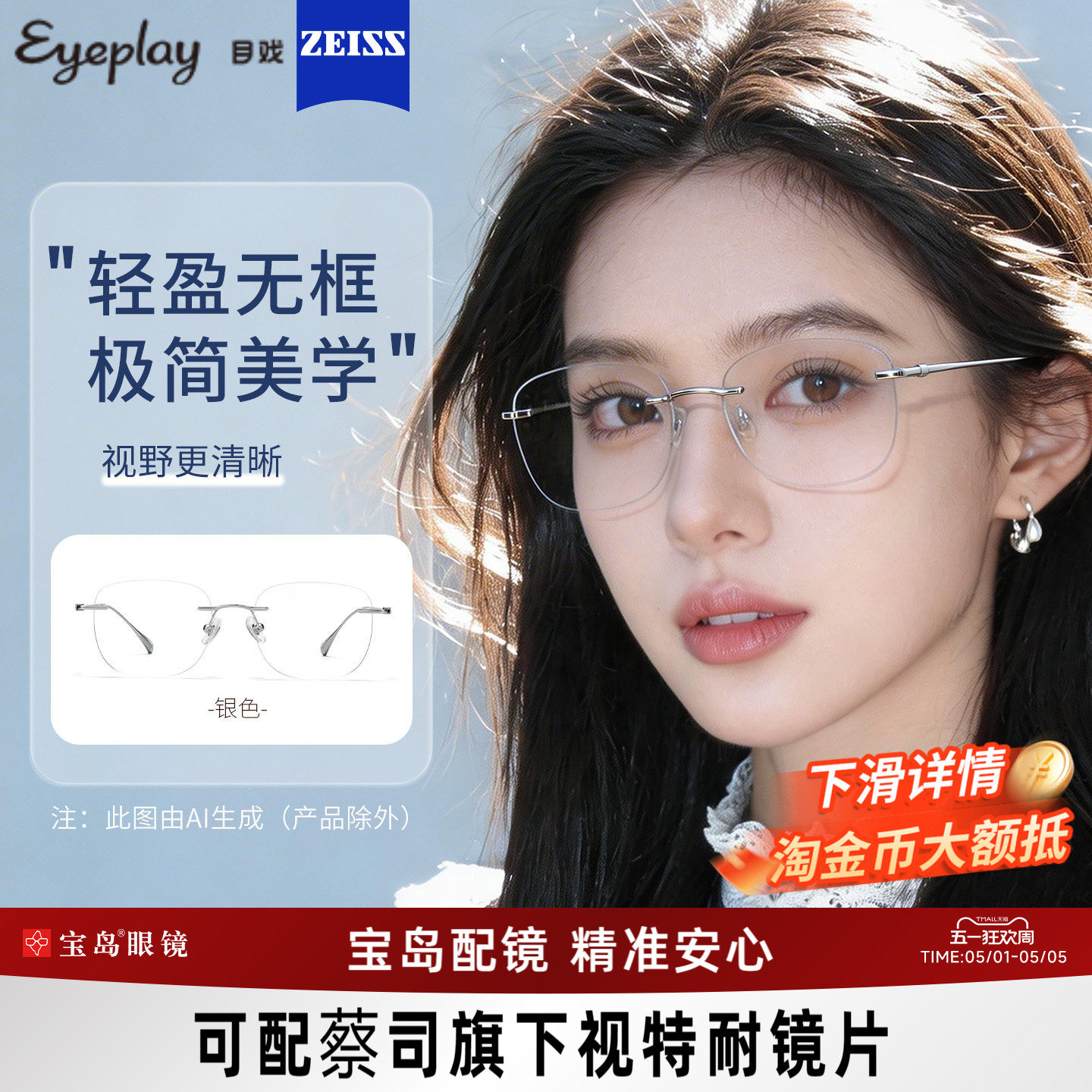 目戏无框眼镜女近视可配度数可选蔡司镜片无边框眼镜框镜架23006