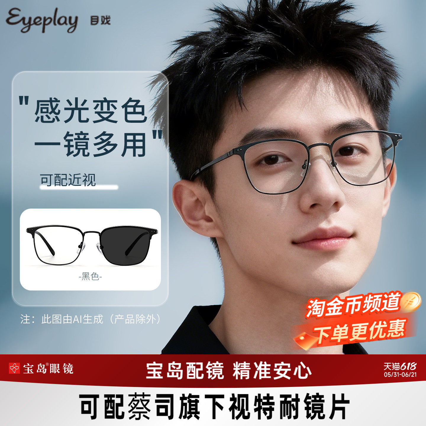 目戏防蓝光眼镜无度数平光镜看手机电脑护眼可选变色男近视11003
