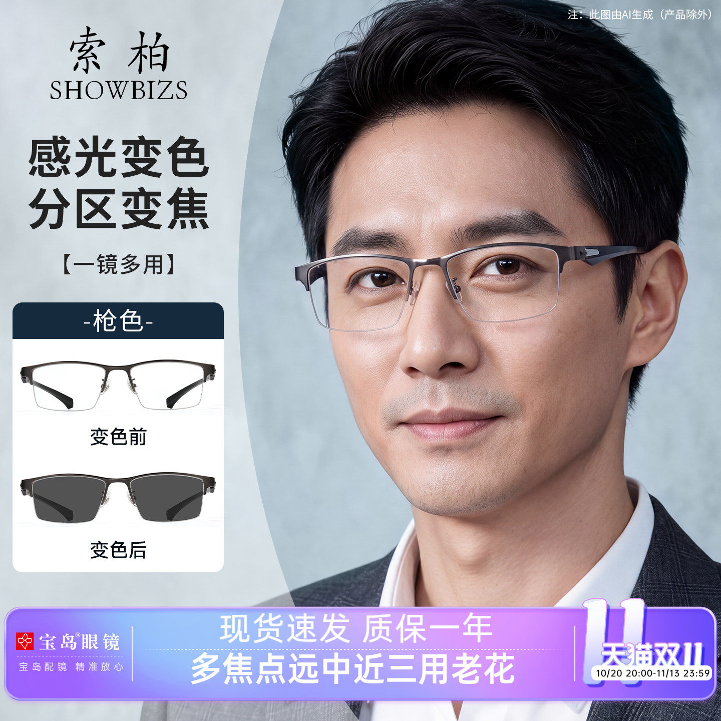 索柏变色老花镜男款分区调节度数远中近三用防蓝光老花眼镜男式