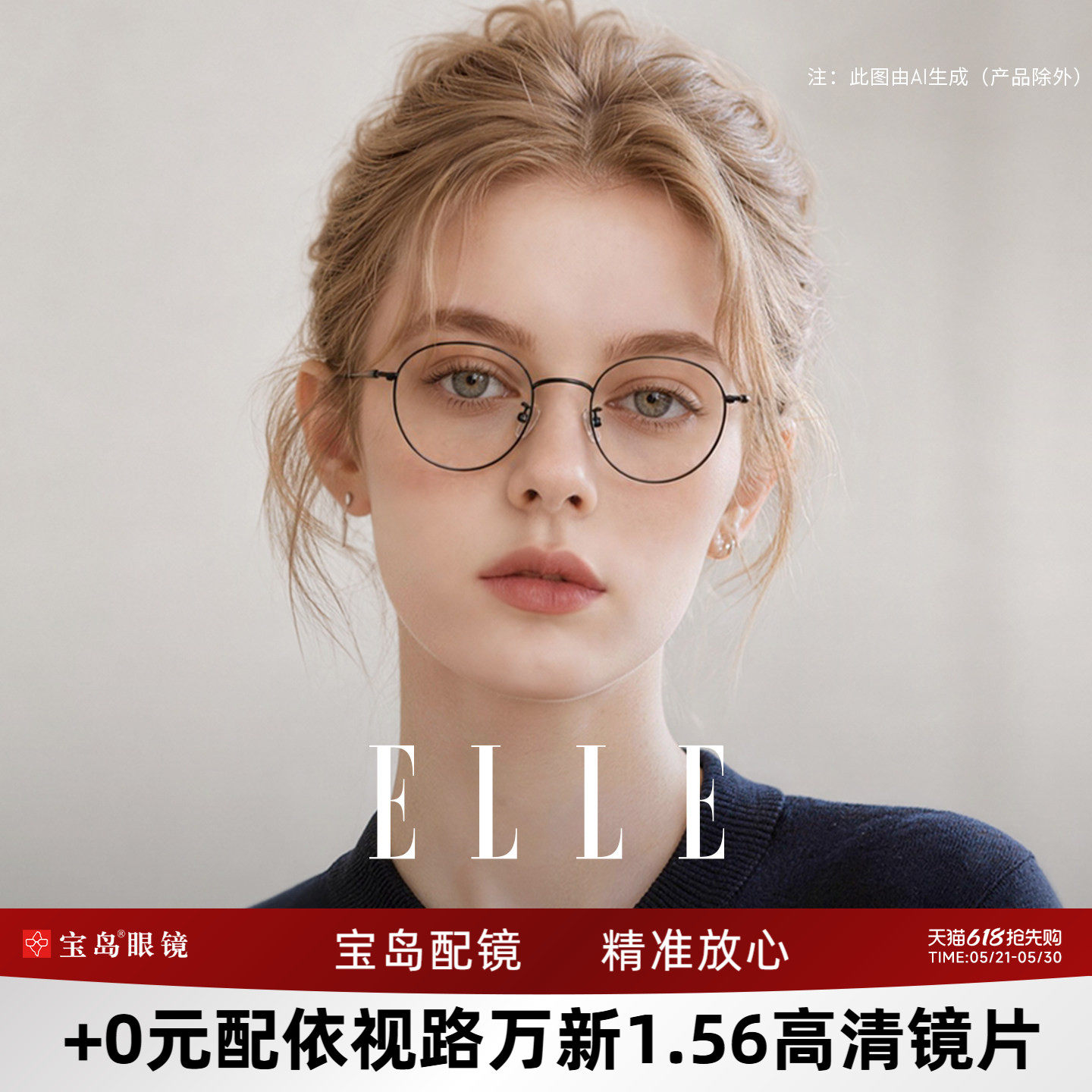 ELLE黑色圆框近视眼镜女可配近视度数可选蔡司防蓝光眼镜框架70