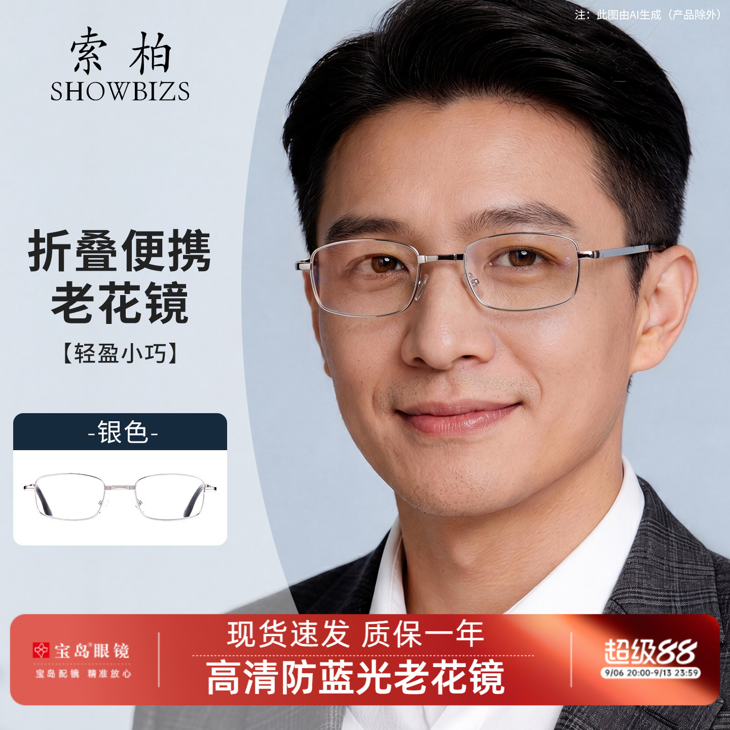 索柏老花镜男折叠便携式防蓝光花镜男士高清老人老光眼镜女宝岛