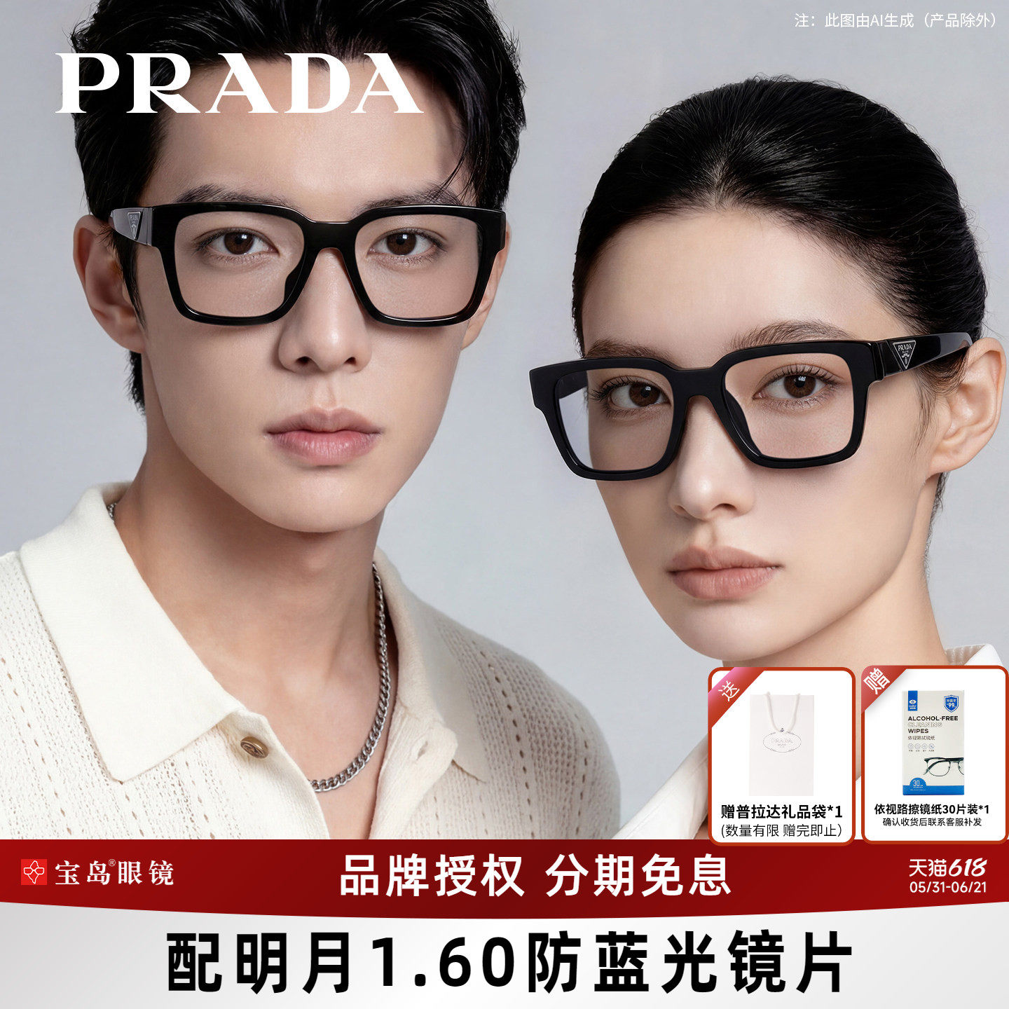 Prada普拉达眼镜框个性板材黑框时尚男女眼镜架可配近视镜片08ZVF