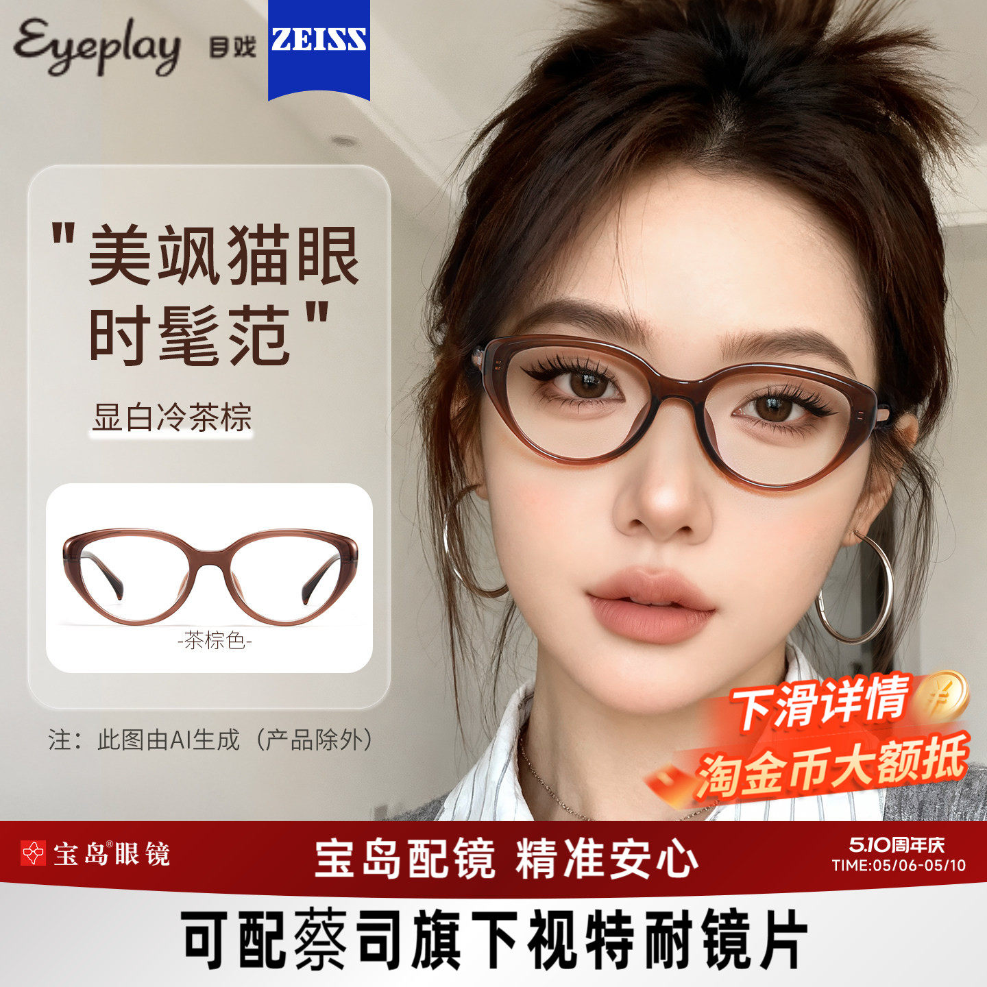 目戏猫眼黑框近视眼镜女可配度数可选防蓝光镜片眼镜框镜架71006