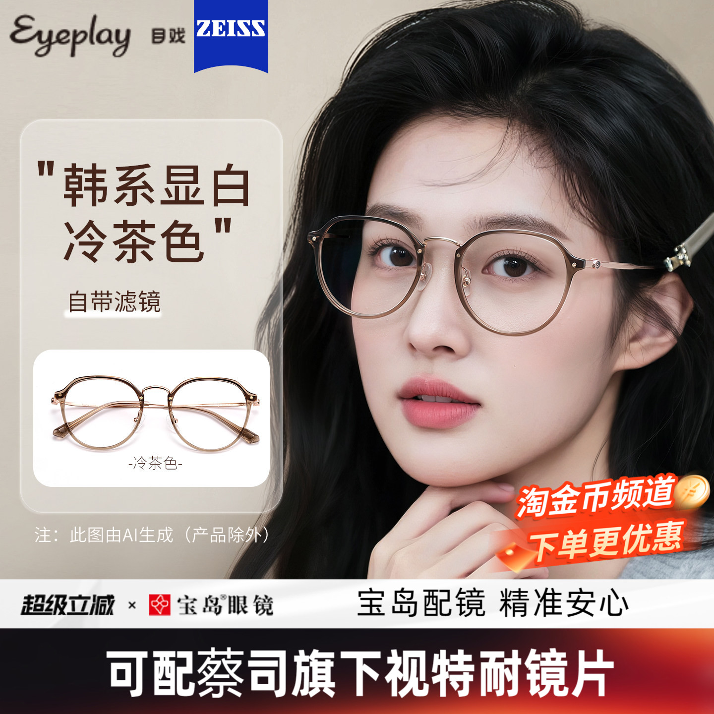 目戏冷茶色眼镜近视女可选变色防蓝光度数可配蔡司眼镜框镜架5018