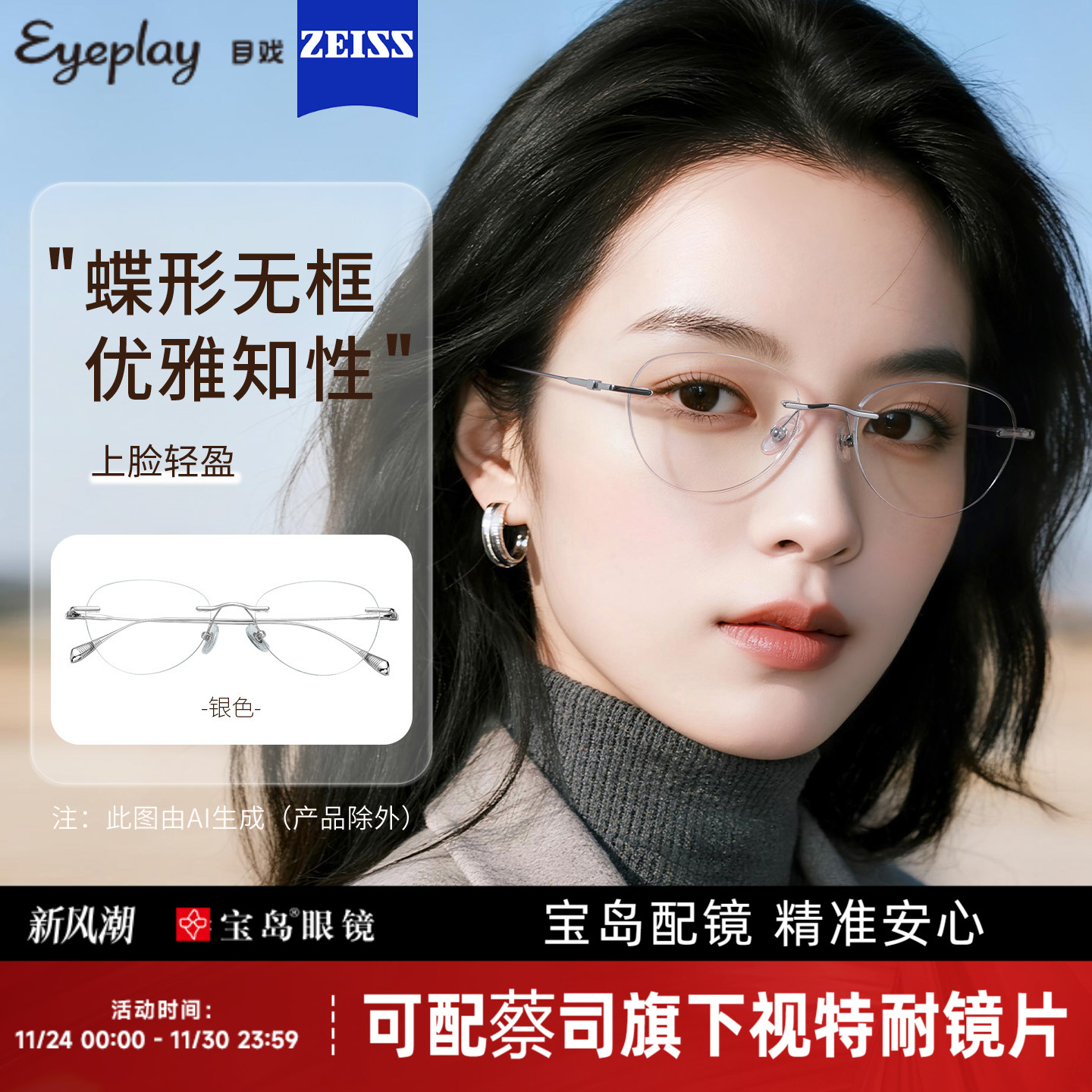 目戏轻盈无框近视眼镜女