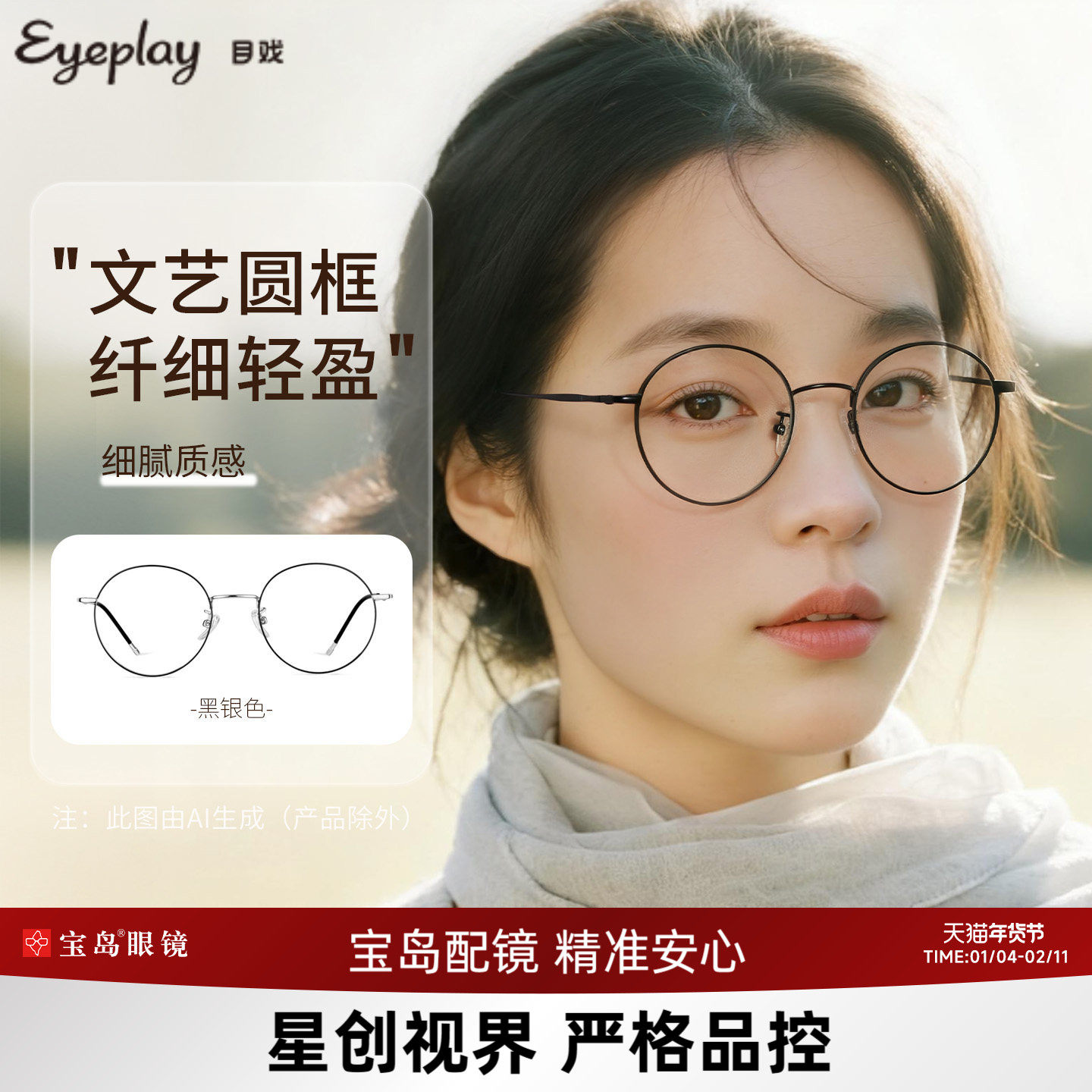 目戏防蓝光辐射眼镜护眼无度数平光镜文艺圆框近视可配度数1025