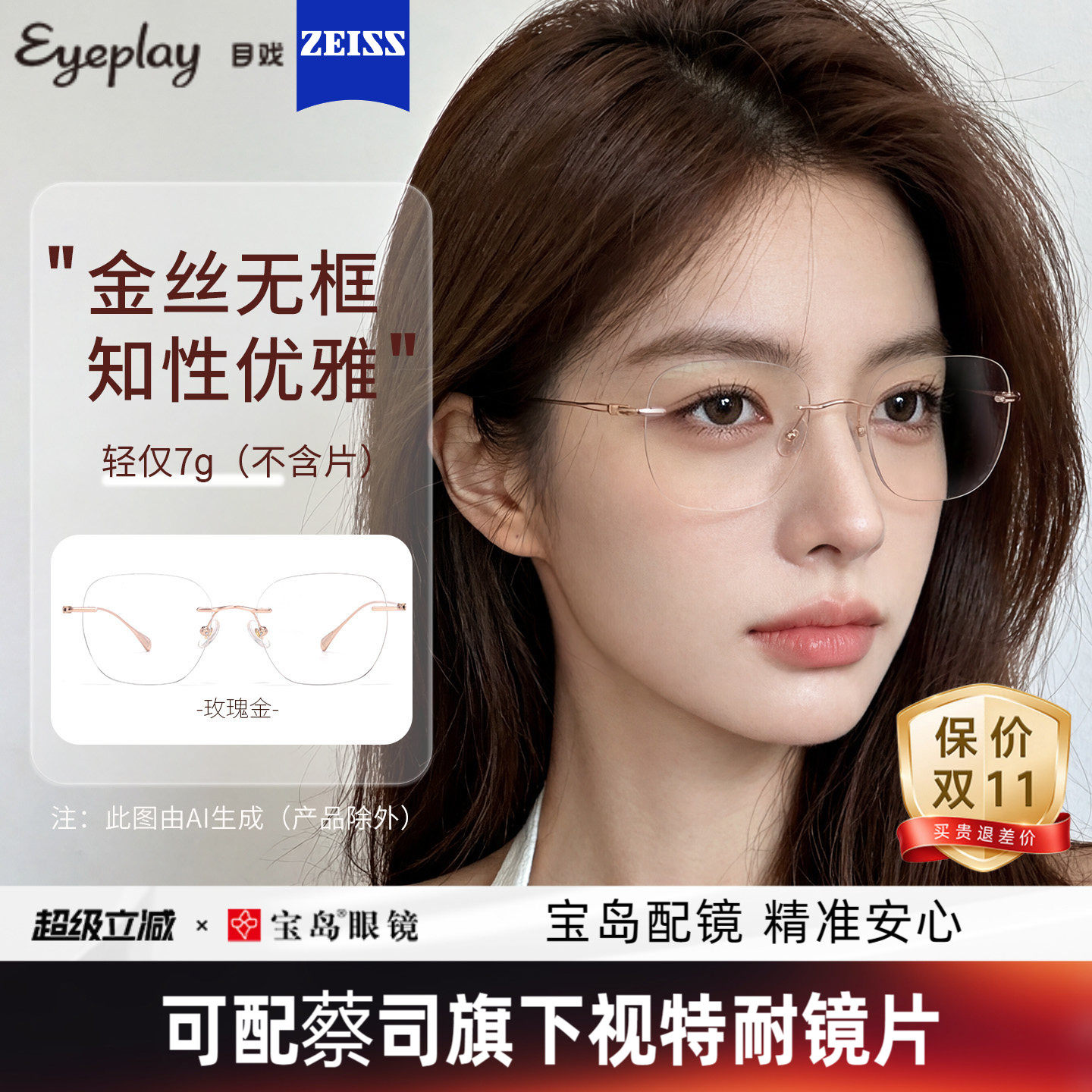 目戏知性优雅无框近视眼镜女