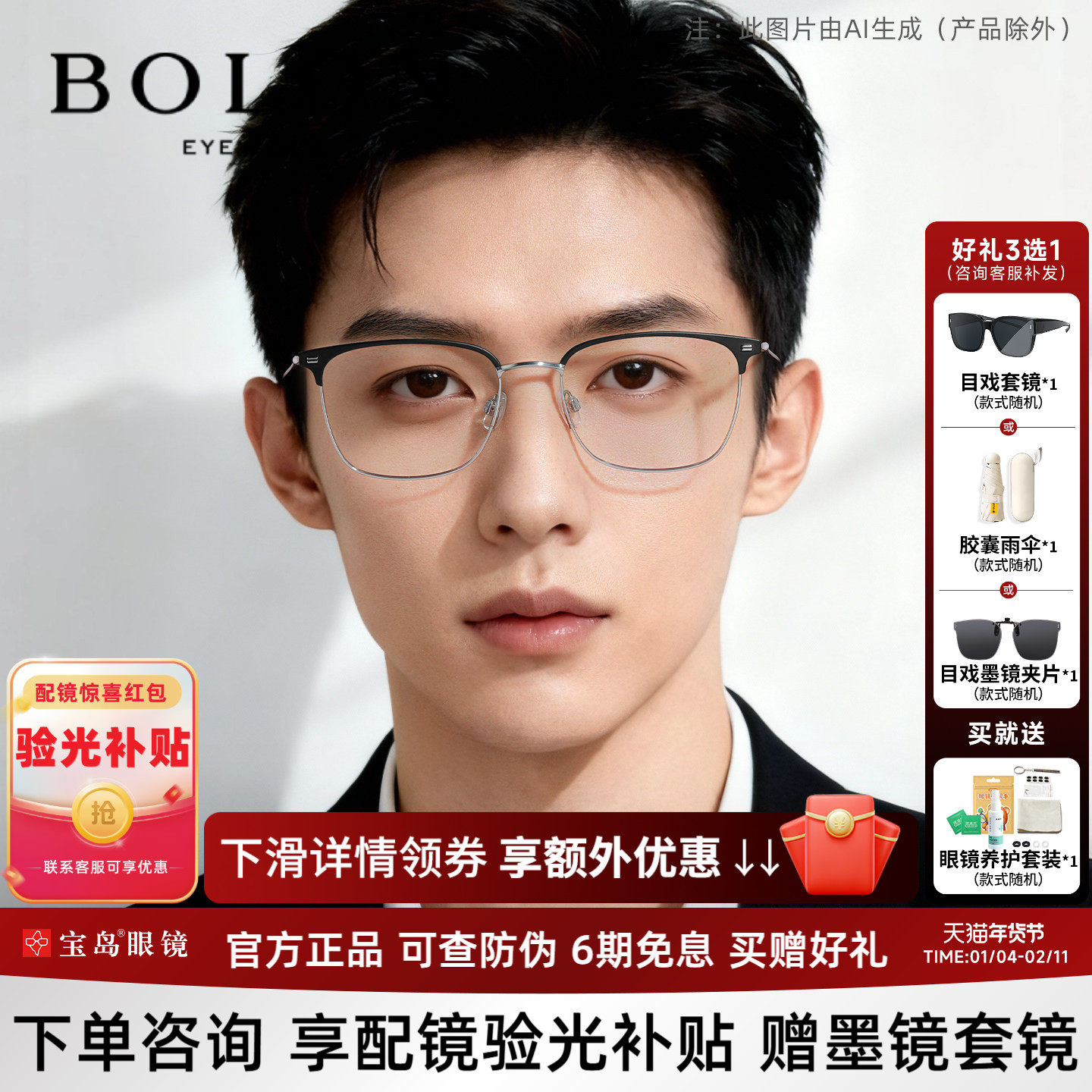 暴龙近视眼镜框休闲商务眉框男士钛合金光学镜架女可配蔡司BA7009