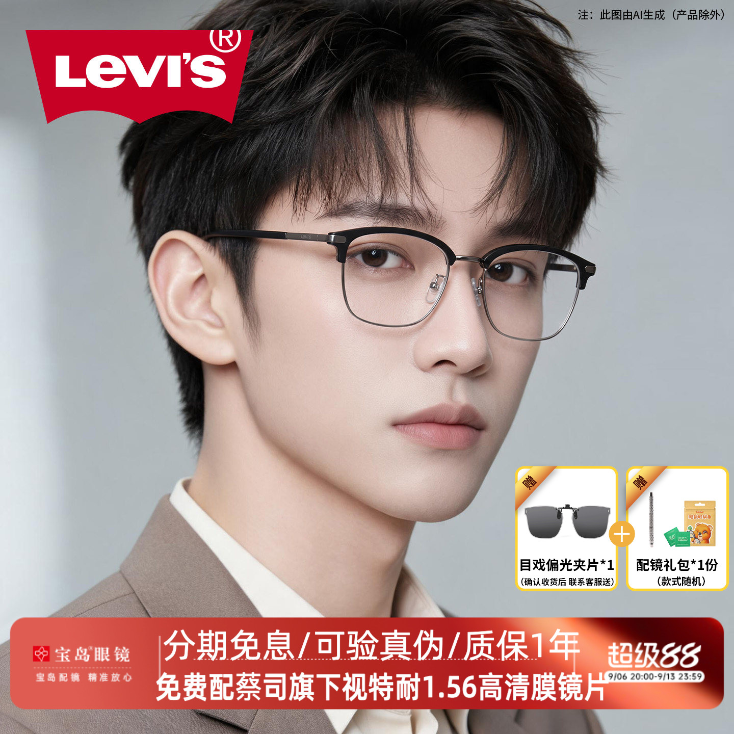 Levis李维斯眼镜半眉毛框眼镜架男士可配近视防蓝光宝岛眼镜4038