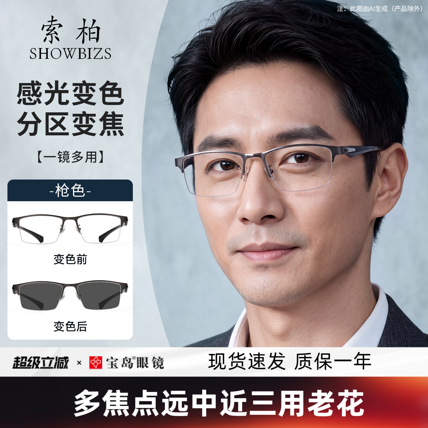 索柏变色老花镜男款分区调节度数远中近三用防蓝光老花眼镜男式