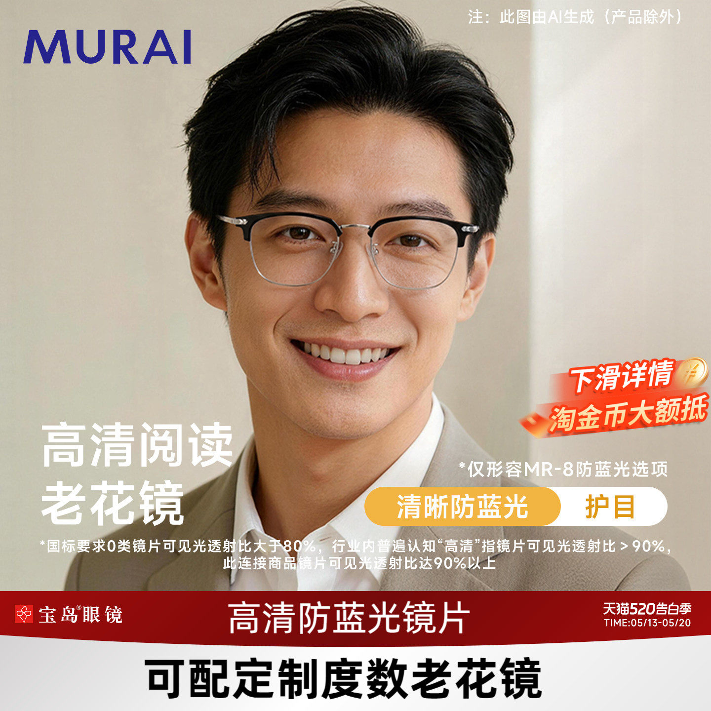 MURAI老花镜男品牌高档正品高清老花眼镜男款可配蔡司视特耐镜片