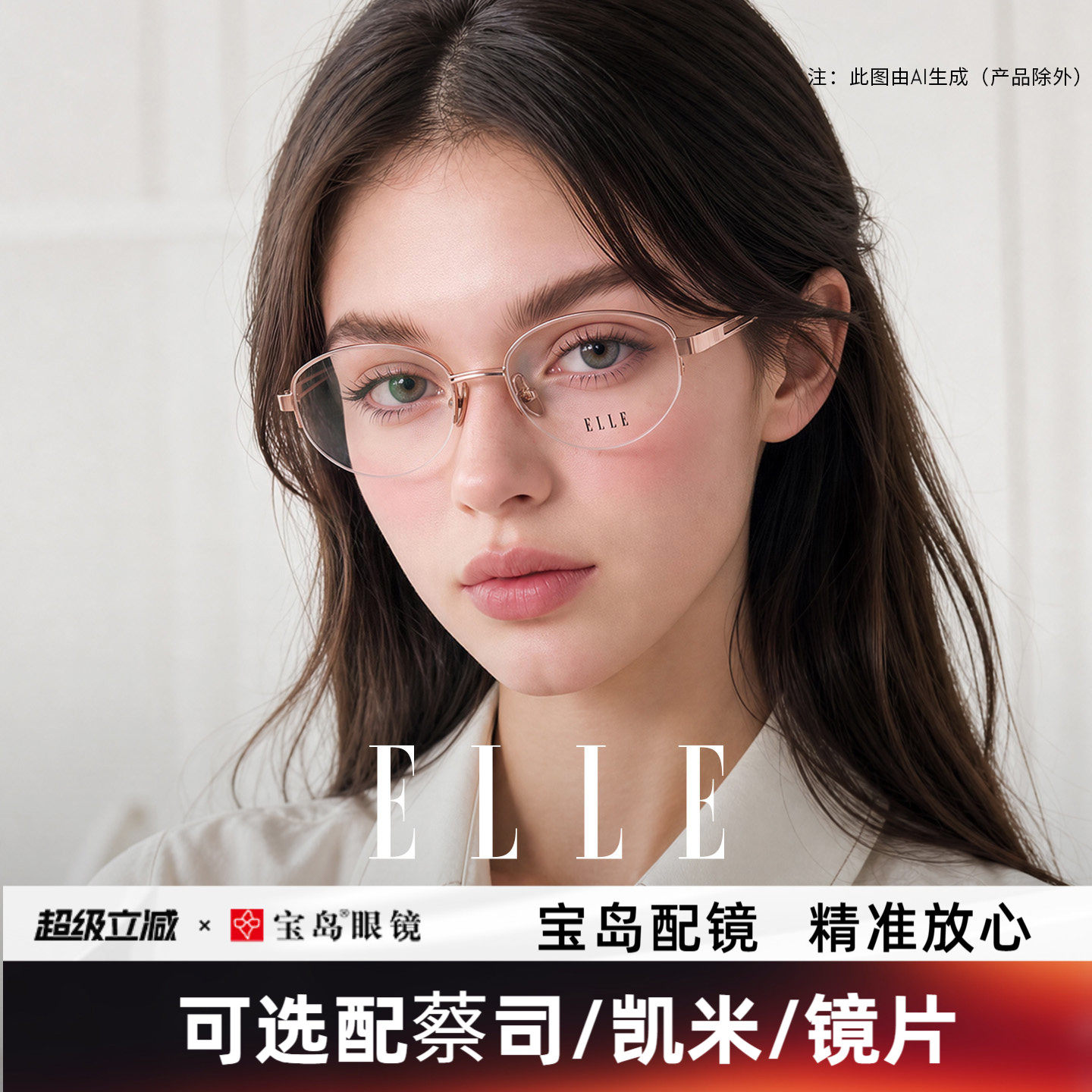 ELLE老钱风高智感玫瑰金金属半框眼镜女可配度数近视眼镜框女7021