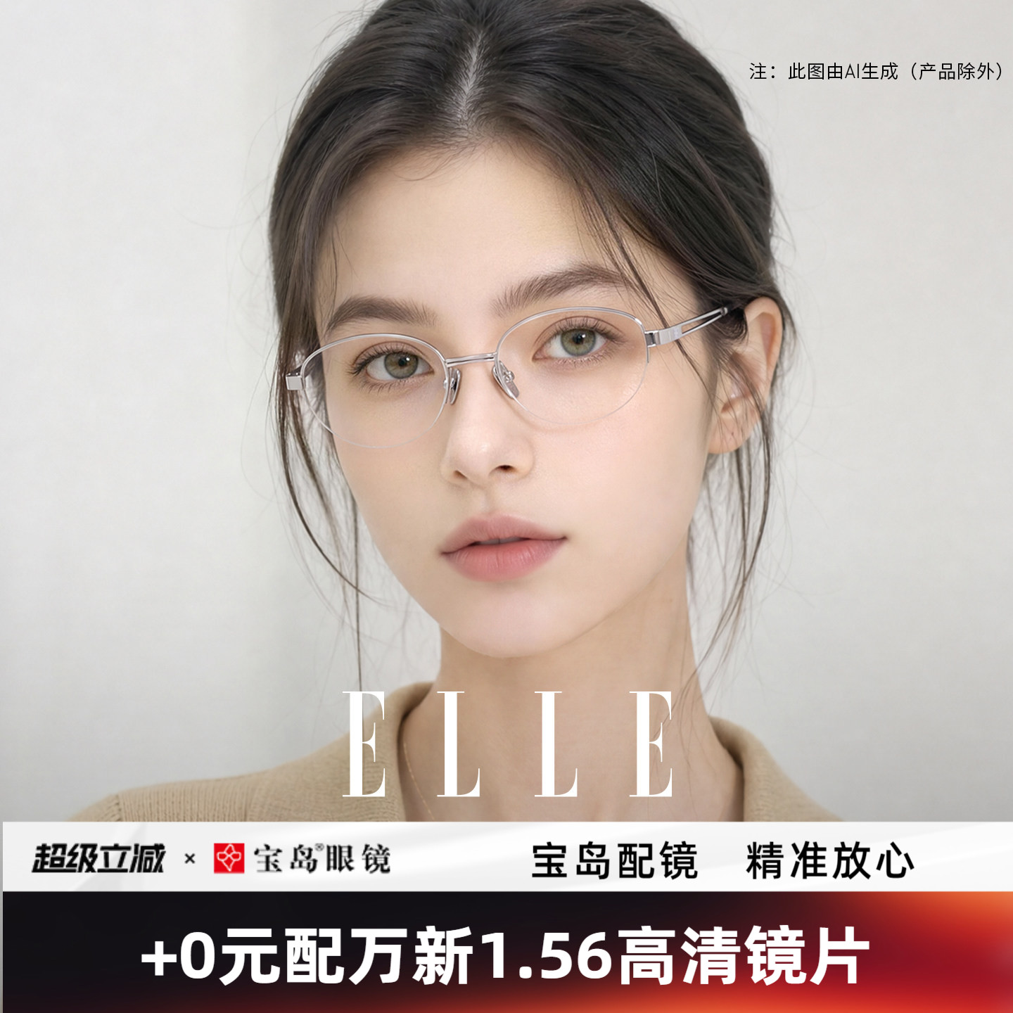 ELLE老钱风高智感金属半框眼镜女