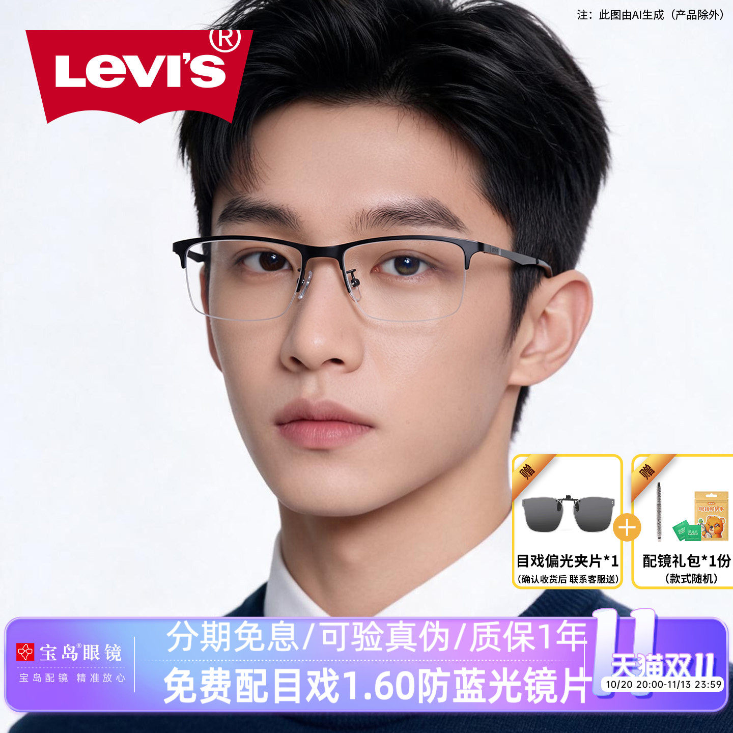 levis李维斯眼镜架男士半框商务黑框眼镜可配度数近视镜宝岛5252