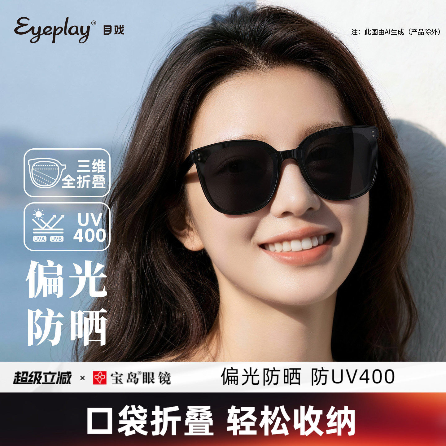 目戏折叠墨镜女高级感时尚防晒防紫外线太阳镜女款偏光太阳镜男士