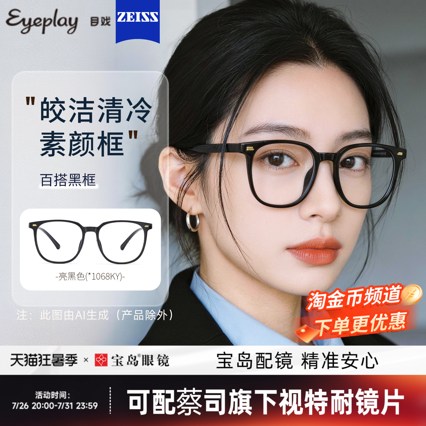 目戏素颜黑框眼镜女眼镜框镜架可配蔡司近视度数可选防蓝光男1068
