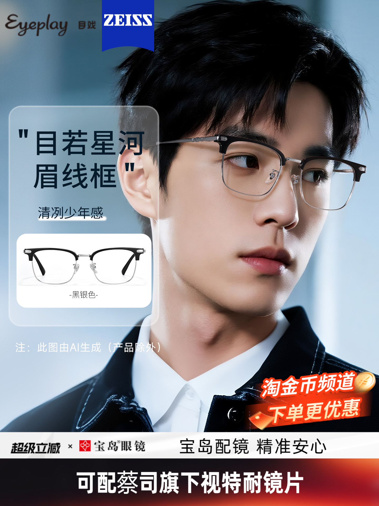 Eye play myopia glasses can be matched with Zeiss prescription optional color-changing anti-blue light half-frame glasses frame frame male 71009