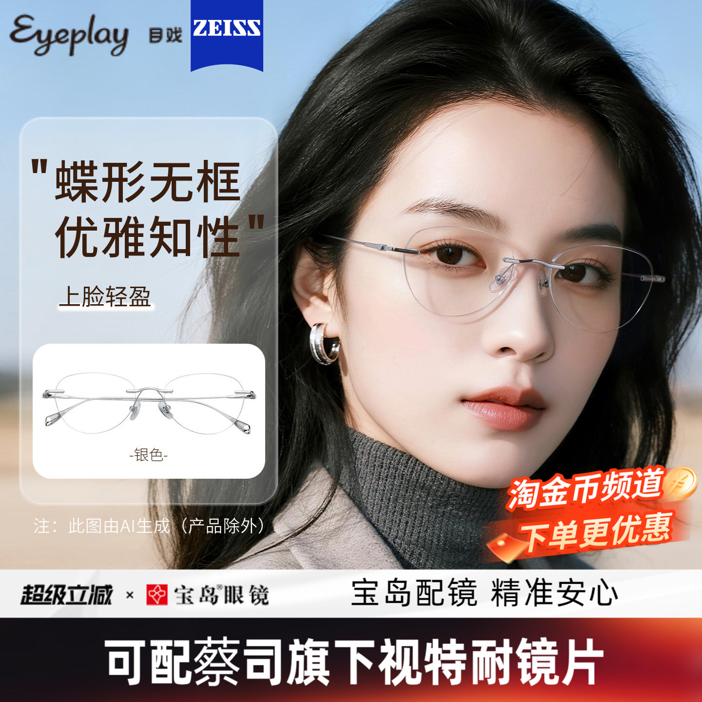 目戏无边框近视眼镜女可配度数可选蔡司无框眼镜框镜架轻盈23003