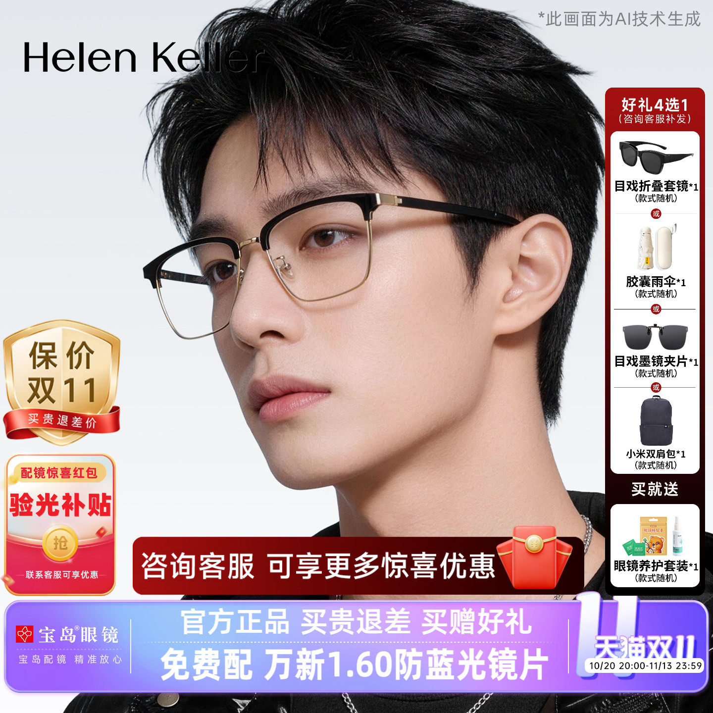 海伦凯勒近视眼镜框男经典商务休闲眉框光学镜架女可配度数H26129