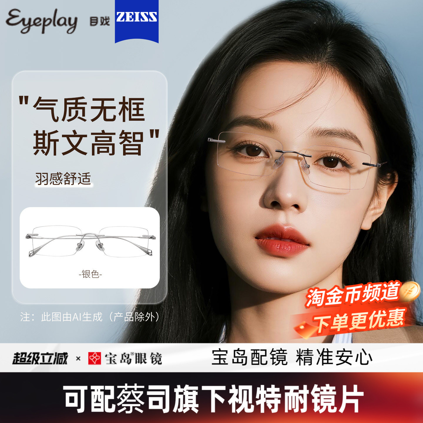 目戏超轻无框近视眼镜女可配度数