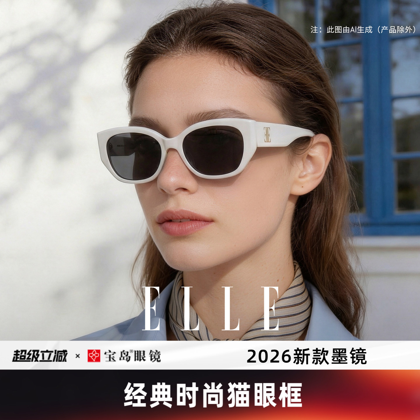 ELLE高级感白色墨镜大牌女款2026新款猫眼白框墨镜防紫外线女3007