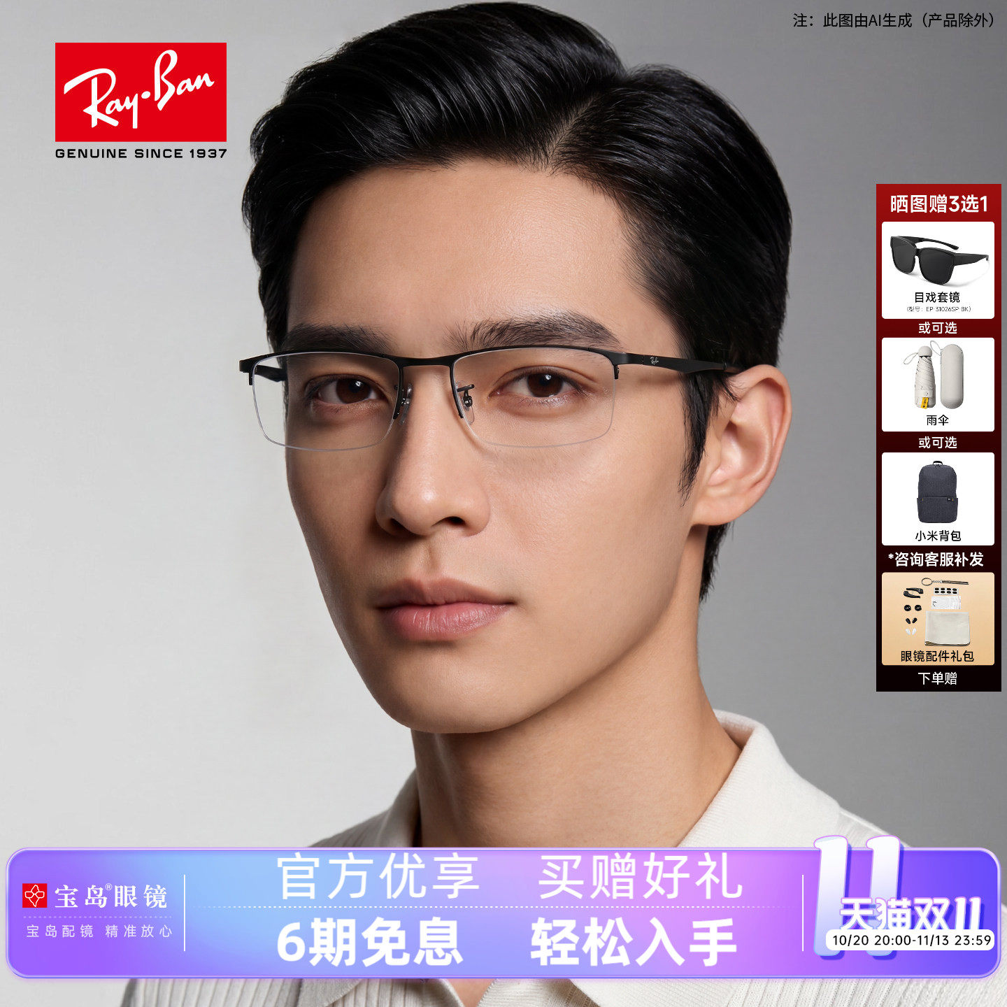 雷朋半框近视眼镜架男商务眼镜框可配蔡司镜片宝岛官方0RX6281D