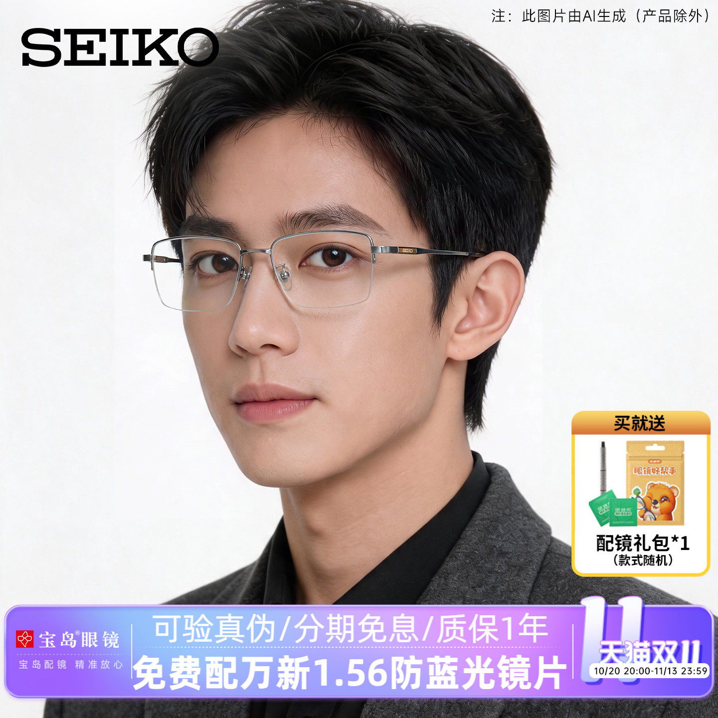 SEIKO精工眼镜架男士商务钛合金半框光学眼镜框可配近视宝岛11001