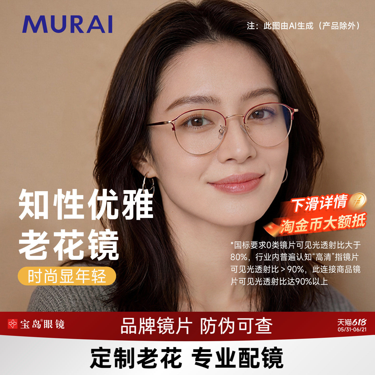MURAI品牌老花镜女可定制蔡司镜片花镜女钛合金镜腿老花眼镜女士