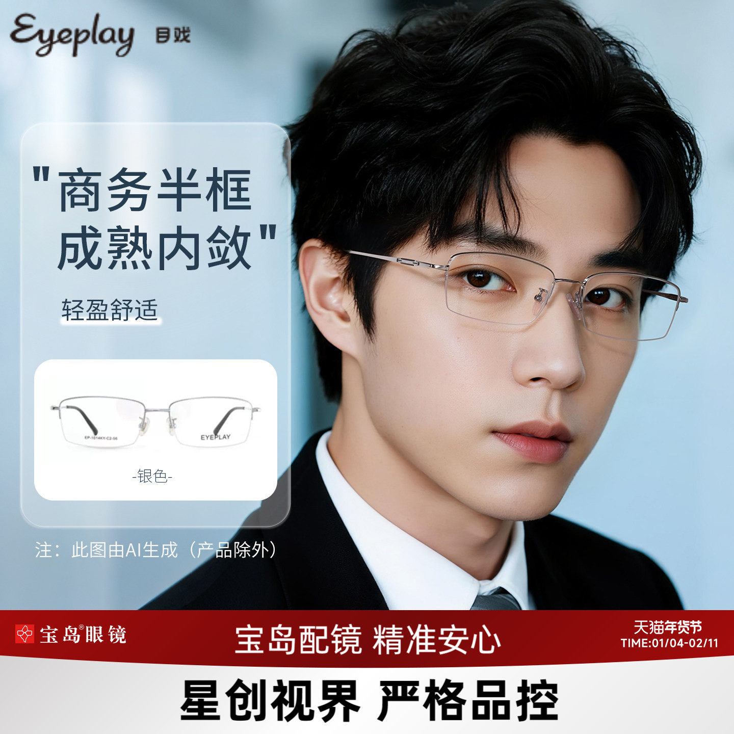 目戏半框眼镜钛合金镜腿防蓝光辐射男士商务可配近视度数宝岛1014