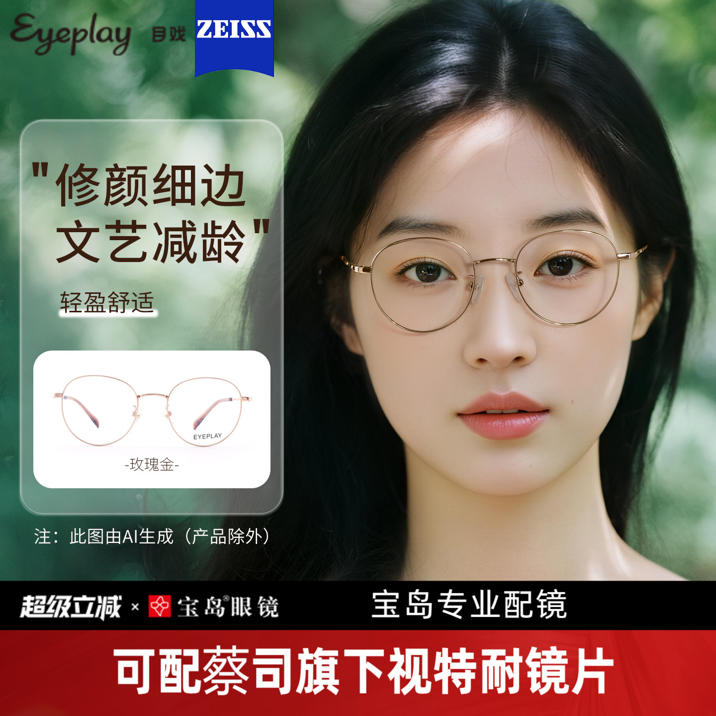 目戏轻盈钛合金镜腿近视眼镜女小框文艺圆框可配1.67轻薄镜片1059