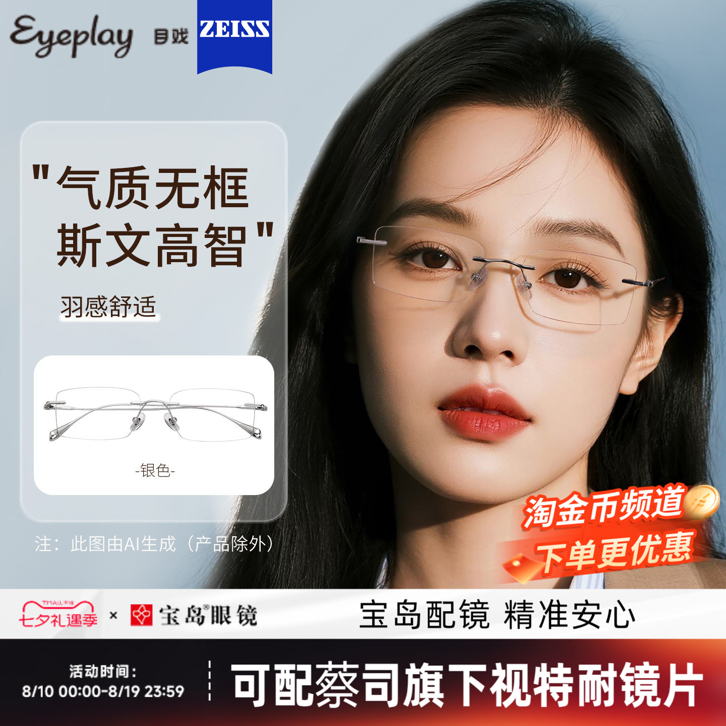 目戏超轻无框近视眼镜女可配度数