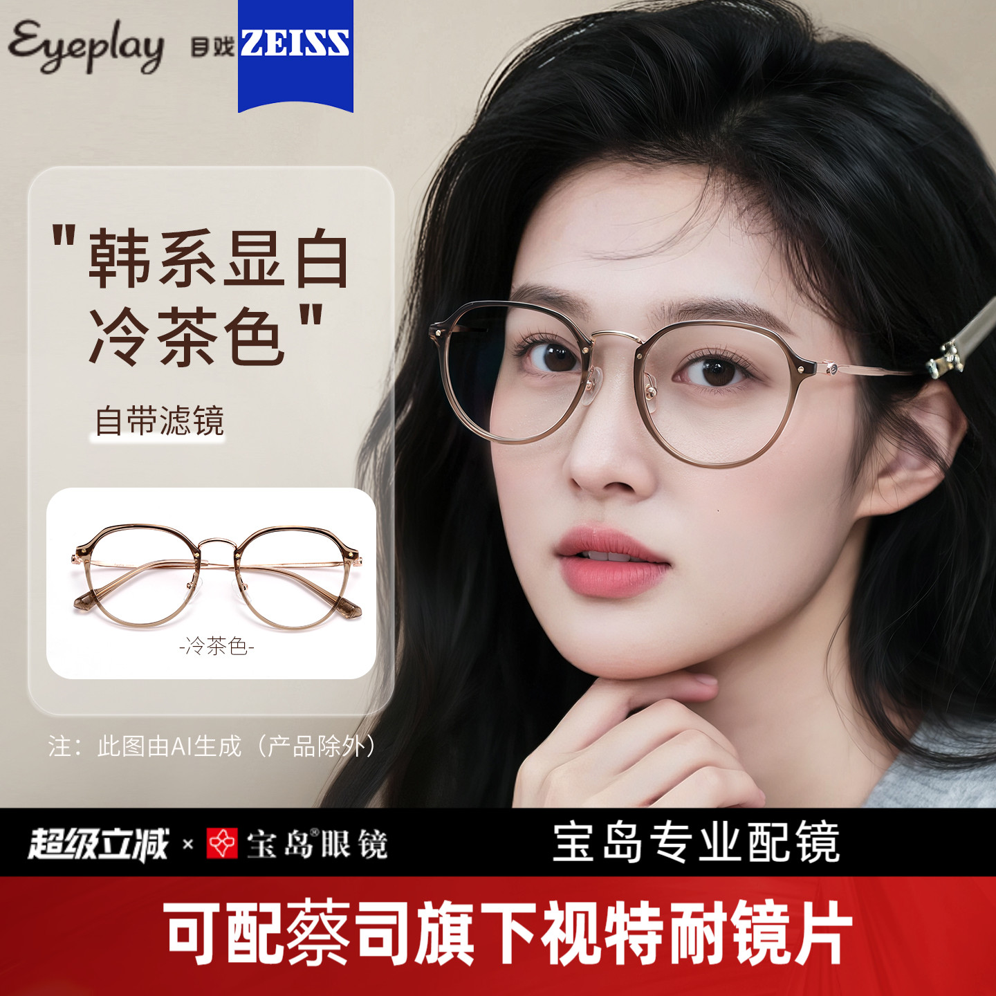 目戏沁透冷茶色显白素颜眼镜