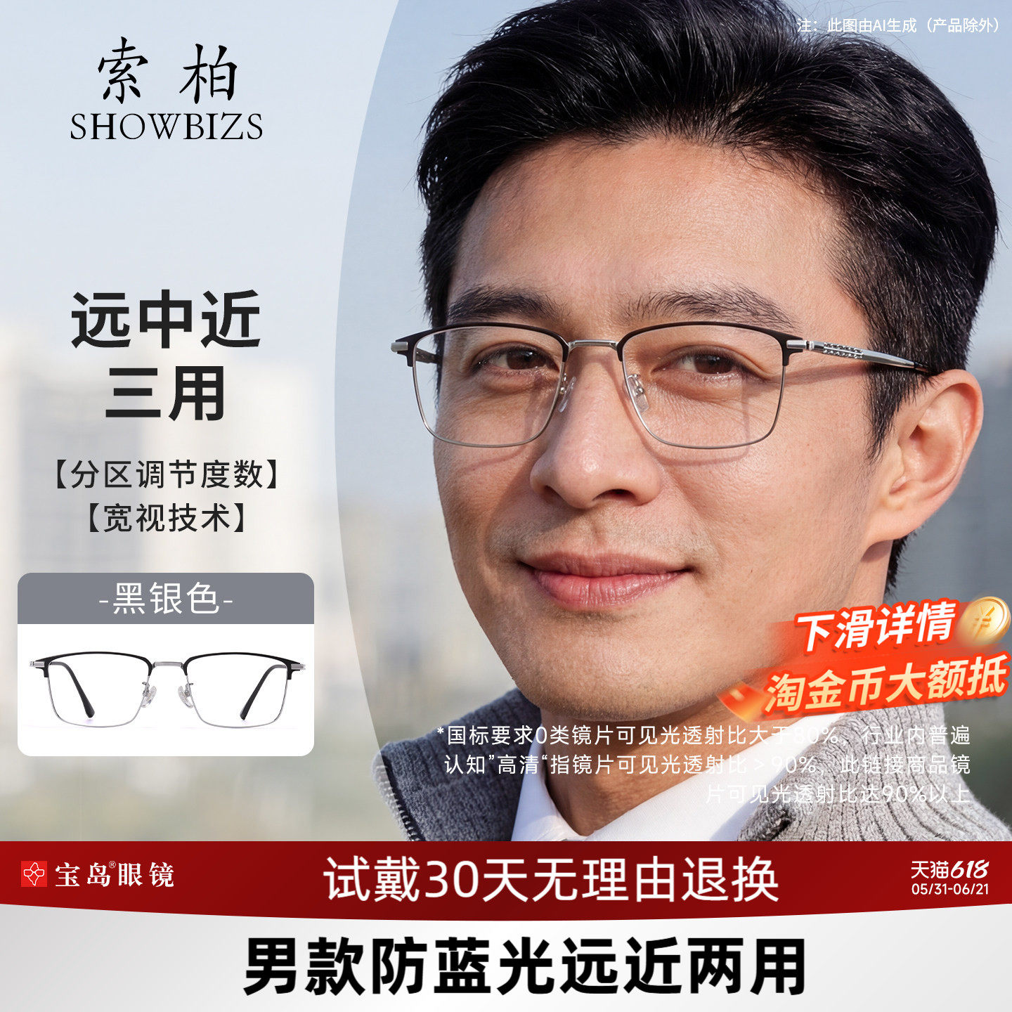 父亲节礼物索柏老花镜男士远中近三用防蓝光调节度数变焦高档正品