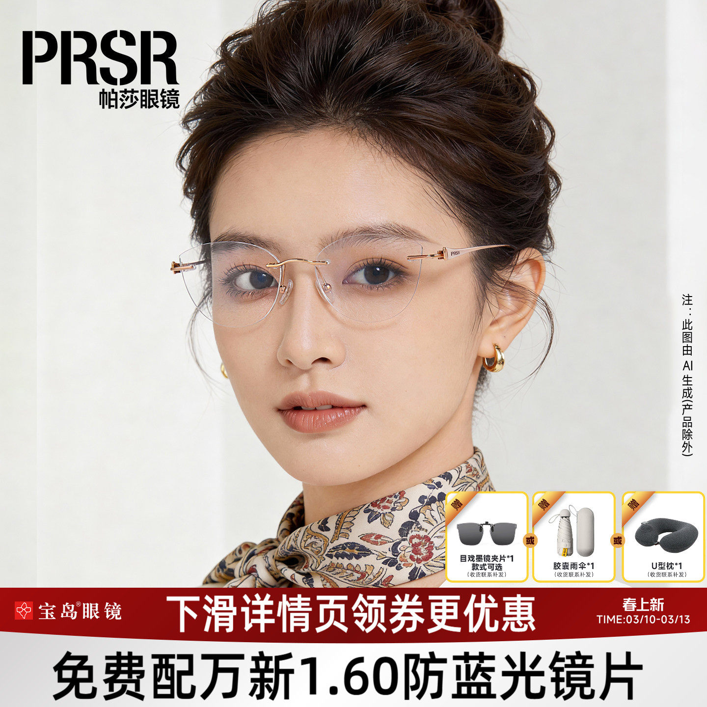 帕莎眼镜框女士轻盈无框蝶形猫眼镜架可配近视25年新款PJ79013