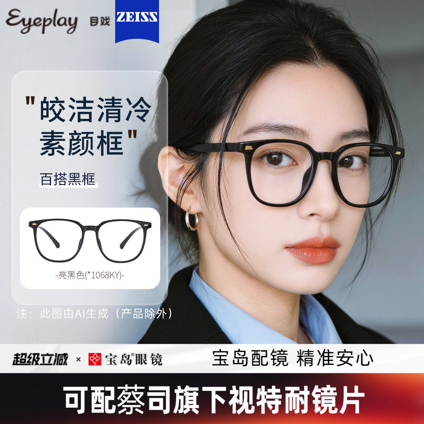 目戏素颜黑框眼镜女眼镜框镜架可配蔡司近视度数可选防蓝光男1068