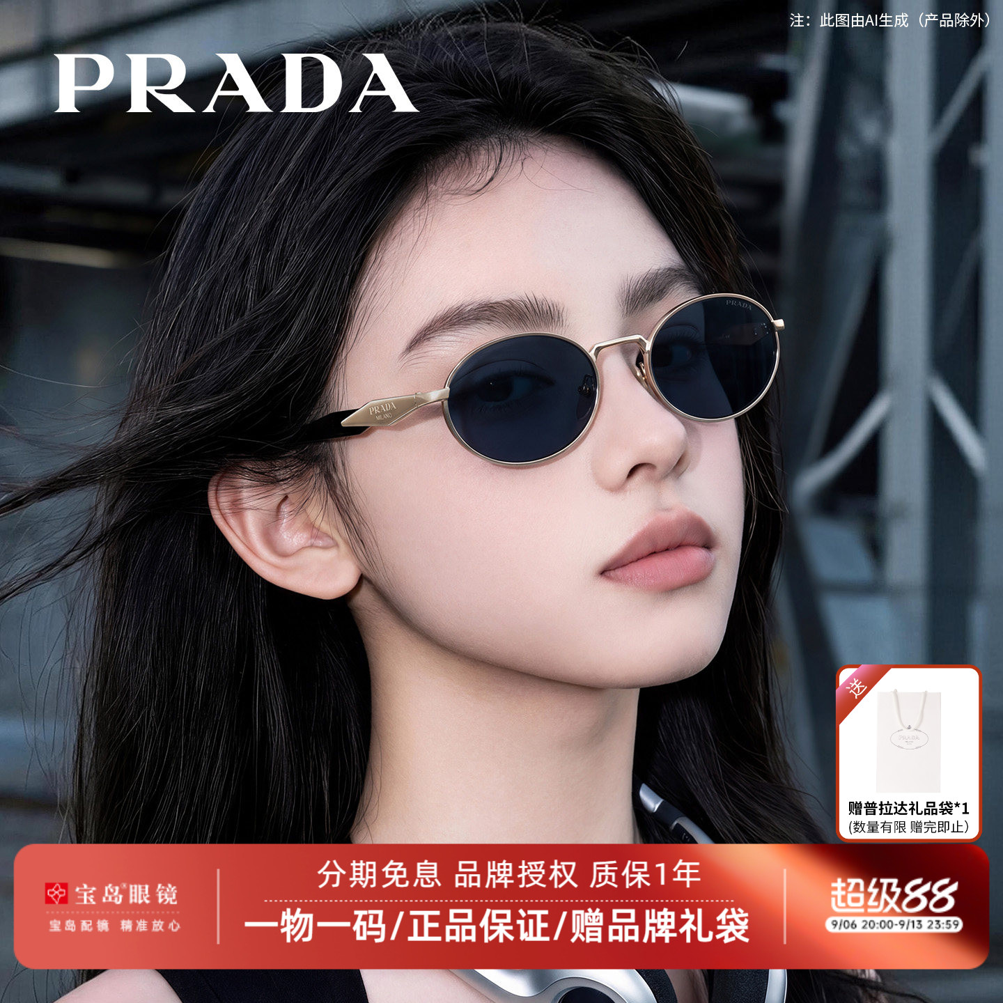 PRADA普拉达墨镜女士复古小框高级感椭圆时尚潮老钱风太阳镜65zs