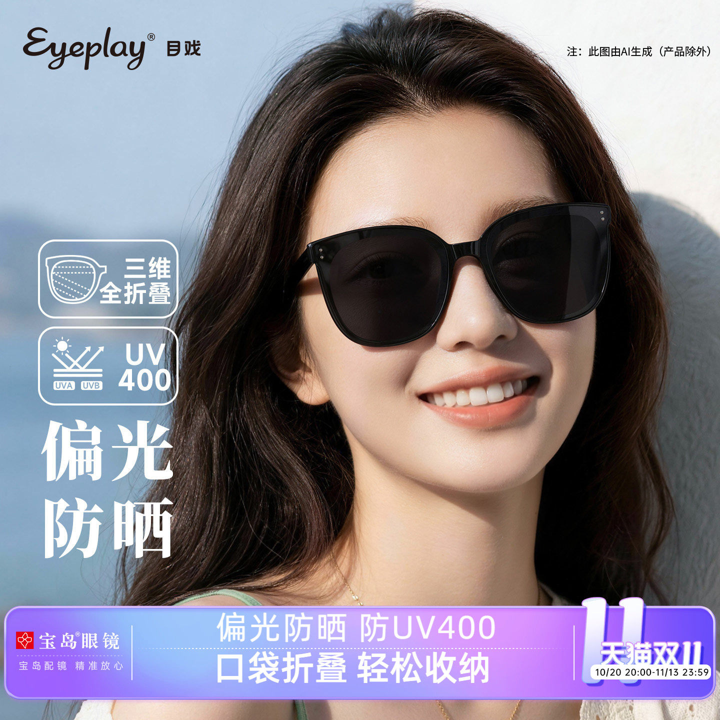 目戏折叠墨镜女高级感时尚防晒防紫外线太阳镜女款偏光太阳镜男士