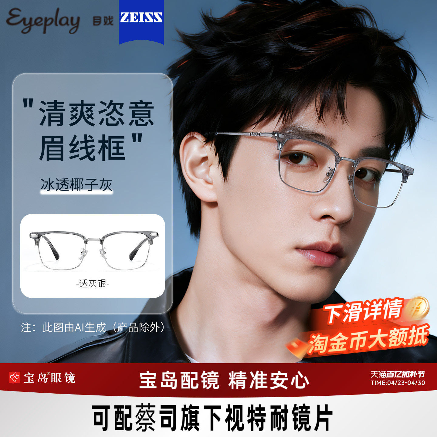 目戏透明斯文近视眼镜可配蔡司度数可选防蓝光眼镜框镜架男71009