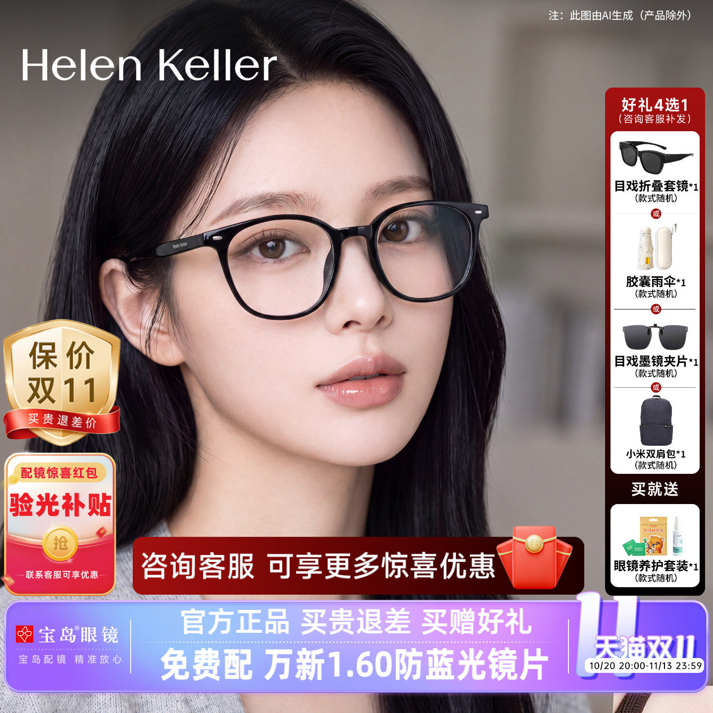 刘诗诗同款海伦凯勒近视眼镜框女轻素颜黑框百搭简约镜架男H80007