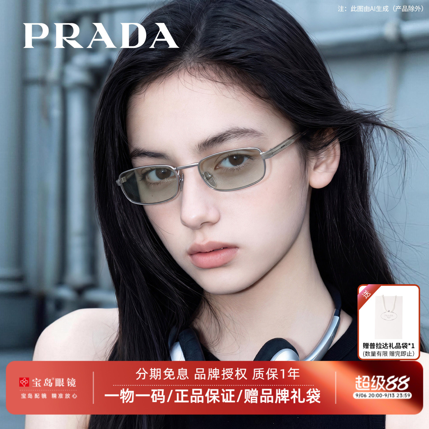 PRADA普拉达墨镜男女时尚复古小框太阳镜潮流方框太阳眼镜B54S
