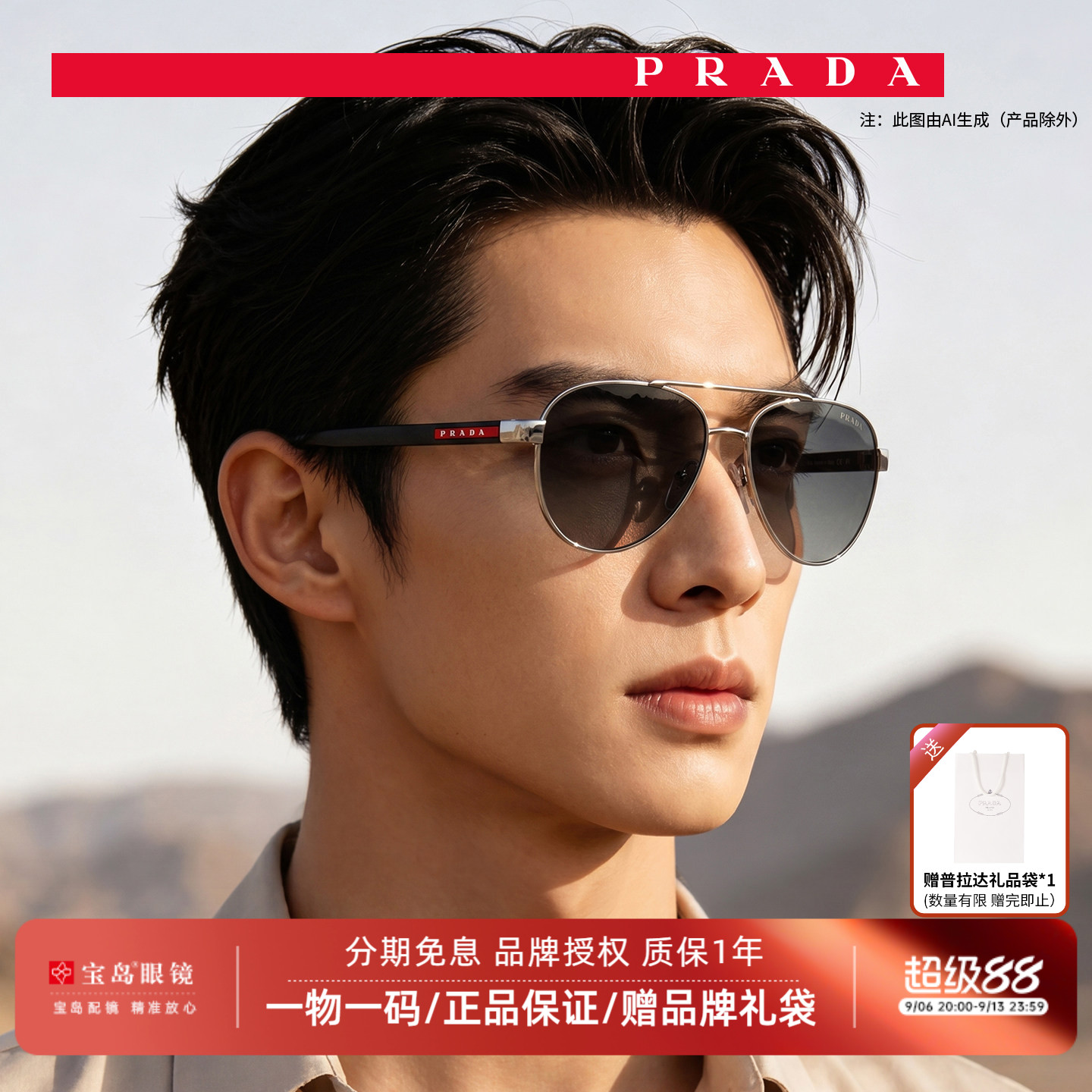 Prada普拉达墨镜男款双梁飞行员款太阳镜驾驶蛤蟆镜遮阳眼镜A52S