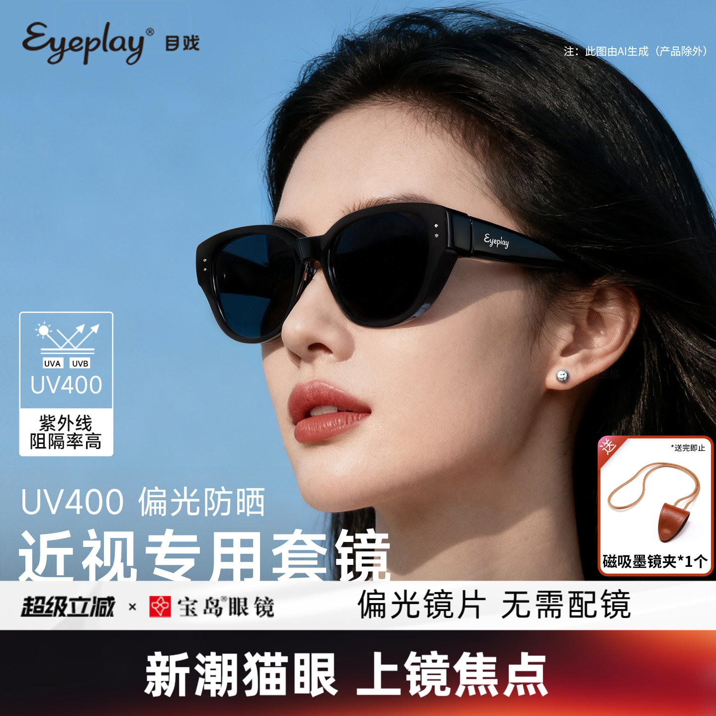 目戏猫眼太阳镜可套近视眼镜防紫外线护目偏光墨镜套镜女款31027