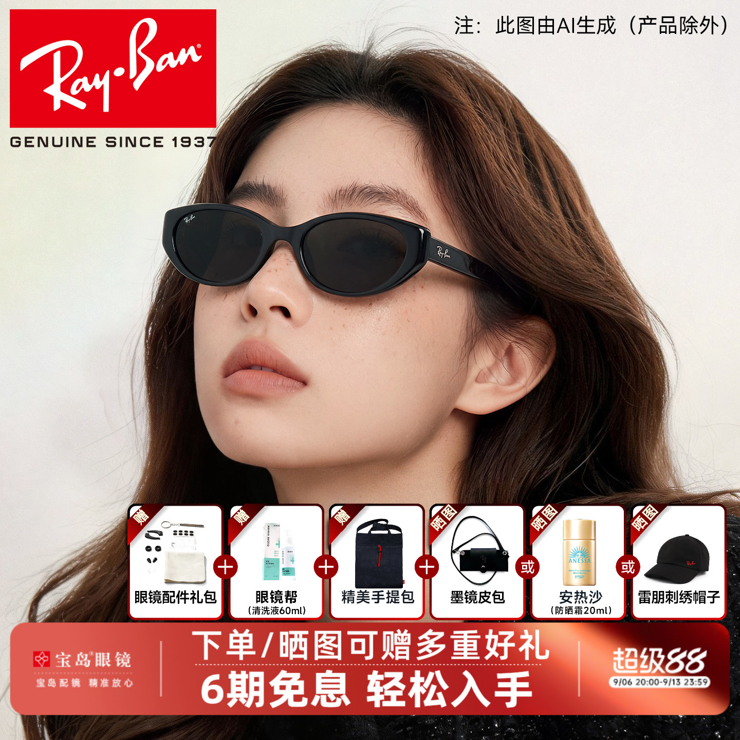 雷朋墨镜猫眼新品防紫外线轻盈窄框男女款开车近视太阳镜0RB4457D