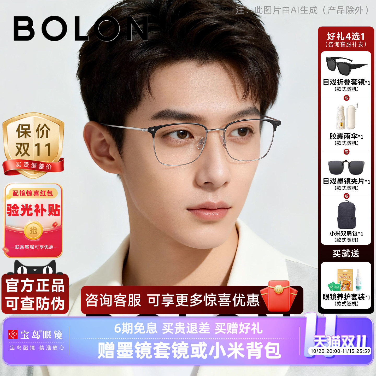 暴龙钛合金近视眼镜框休闲眉框男士可选蔡司镜片光学镜架女BA7009