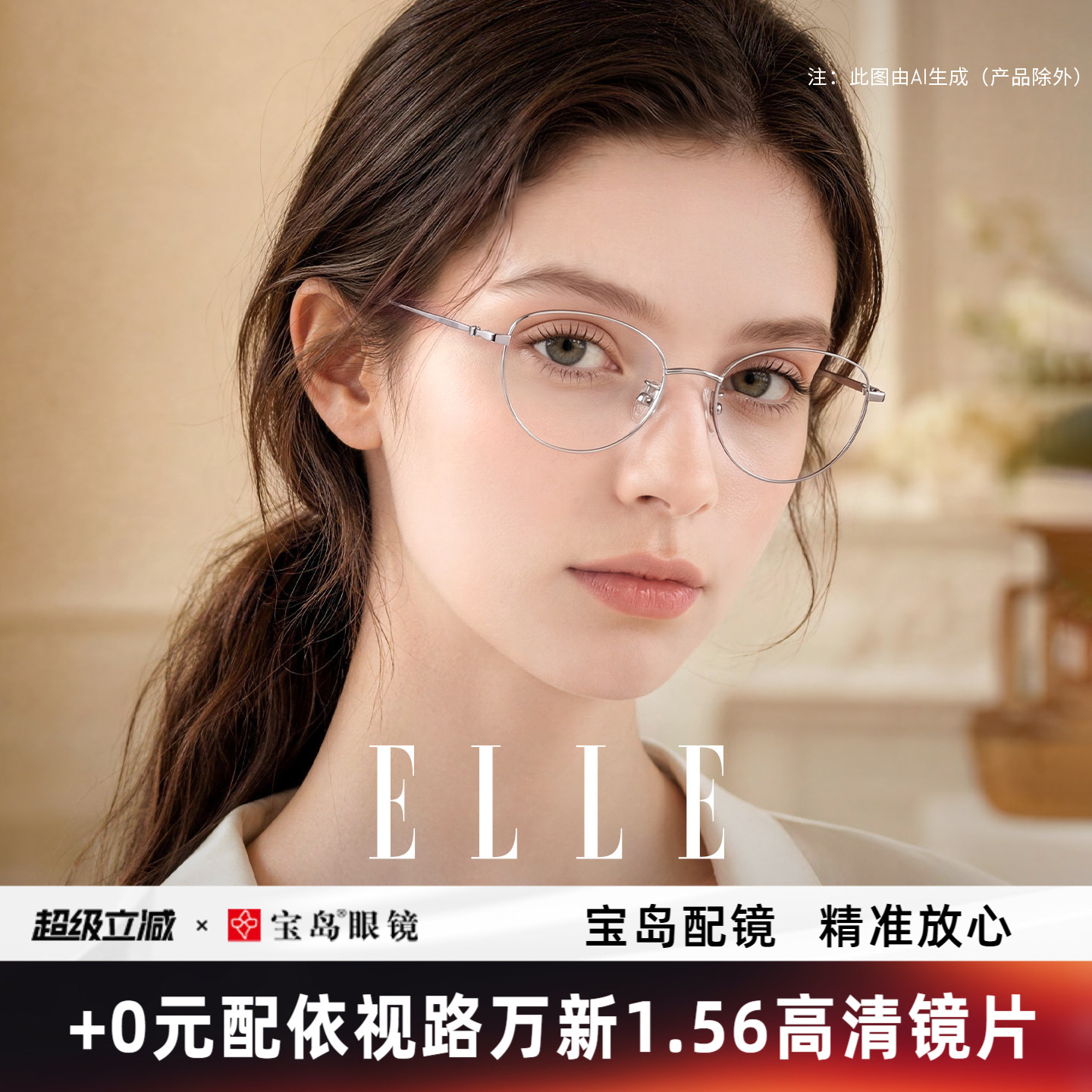 ELLE金属猫眼近视眼镜框架女可配度数可选蔡司镜片防蓝光眼镜7029