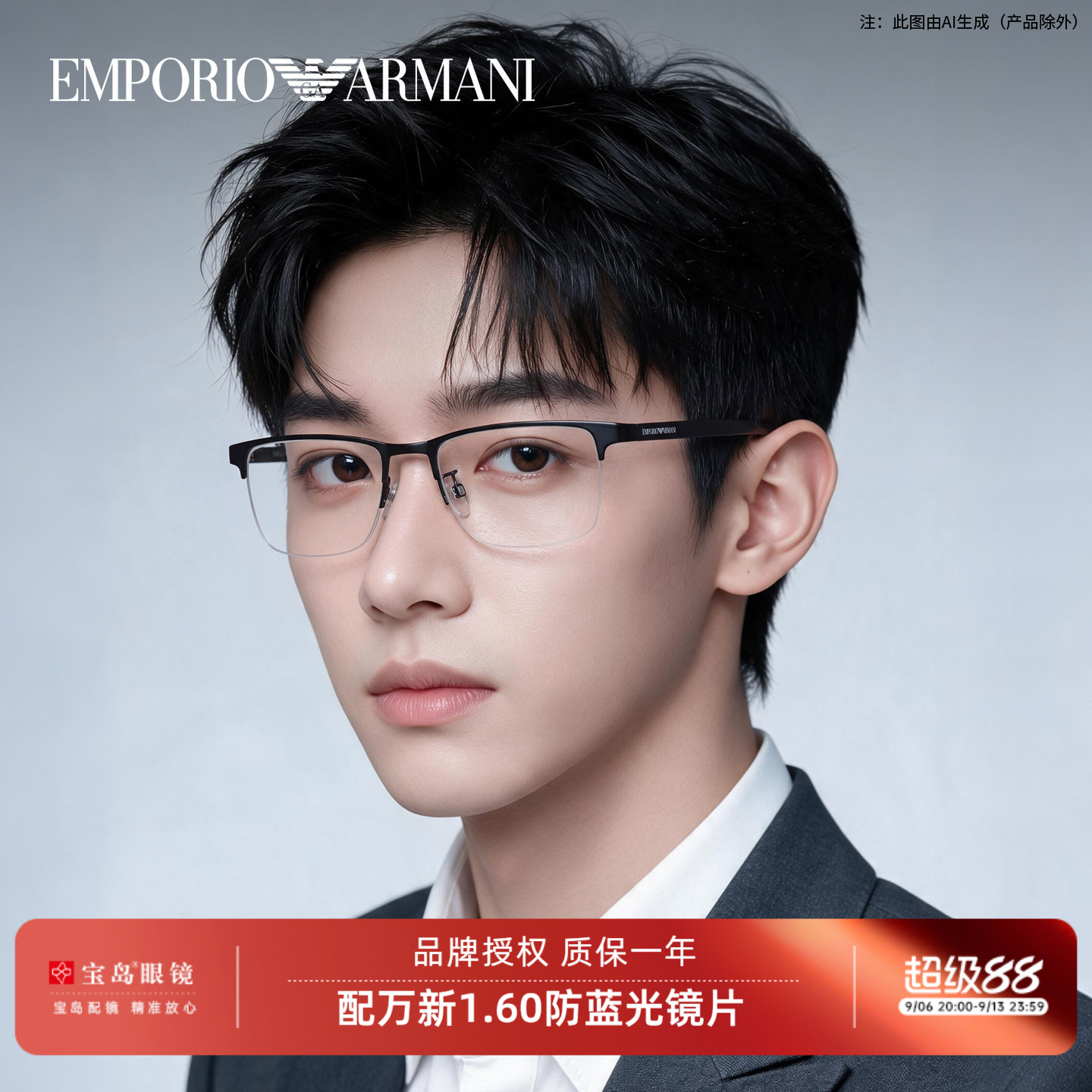ARMANI阿玛尼眼镜半框架男商务时尚黑色可配近视度数宝岛官方1085