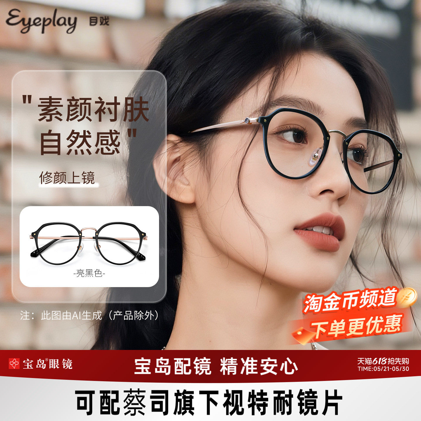目戏秀气黑色眼镜近视女可配度数可选防蓝光眼镜框镜架5018C3