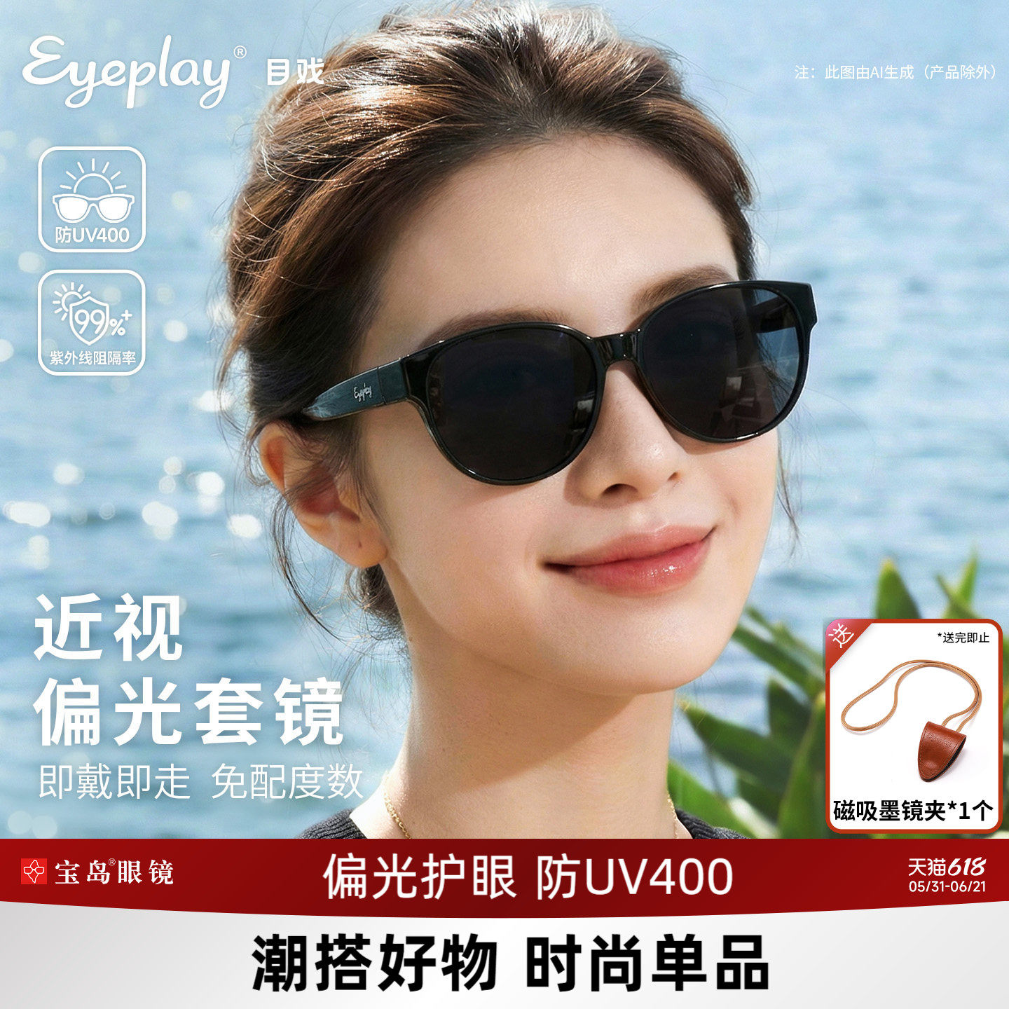目戏近视专用墨镜套镜女方圆框高级感太阳镜可套近视镜墨镜76007