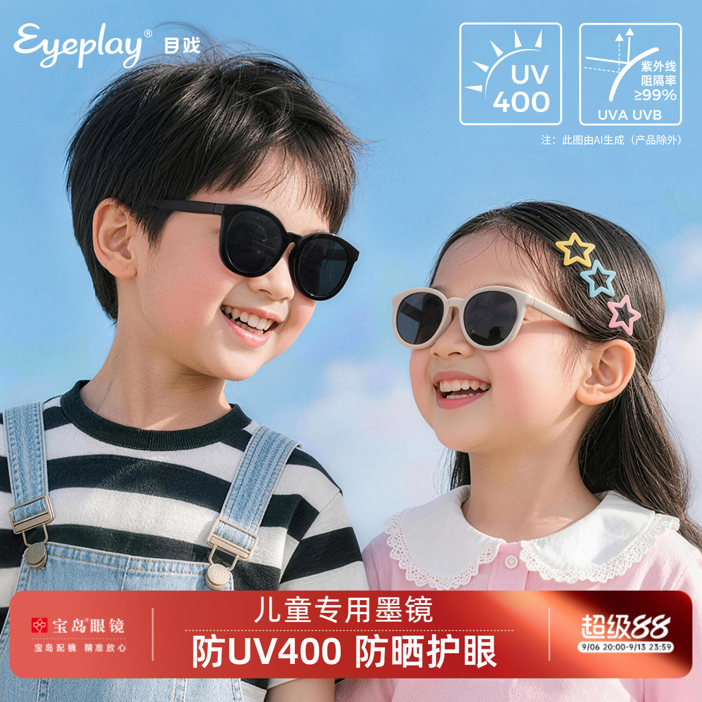 目戏儿童墨镜防晒防紫外线男童女童不伤眼小孩专用太阳眼镜UV400