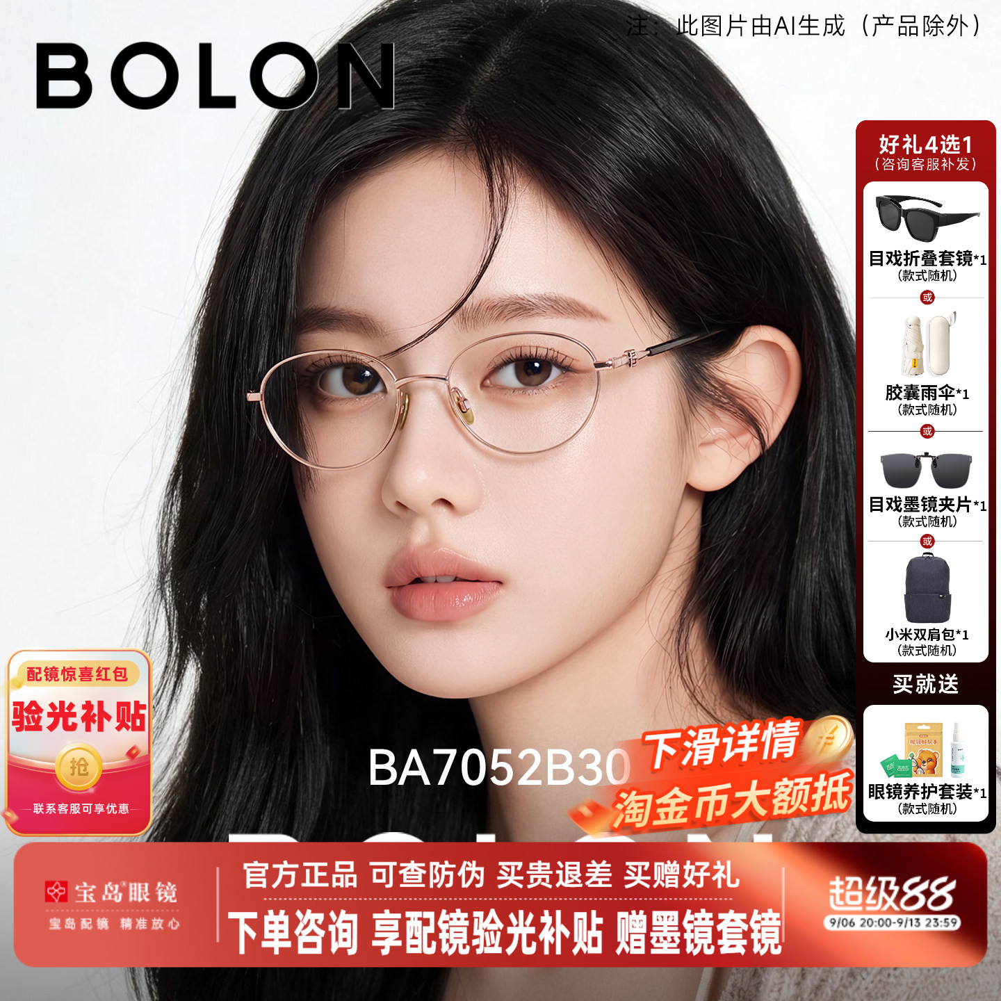 暴龙近视眼镜框女新品百搭素颜椭圆书呆子钛合金光学镜架BA7052